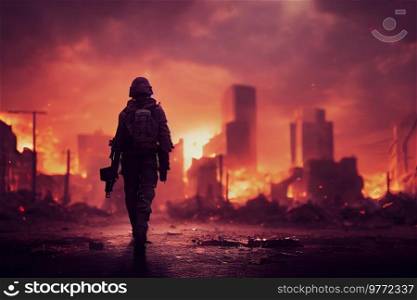 soldier walking in destroyed city, war or natural disaster concept. Lone soldier walking in destroyed city