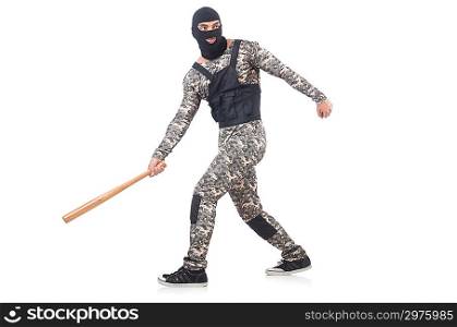 Soldier with baseball bat isolated on white
