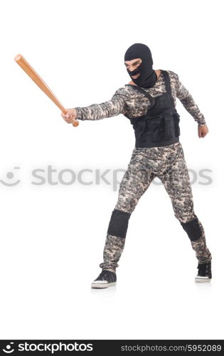 Soldier with baseball bat isolated on white