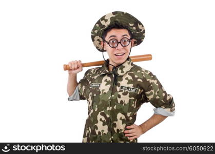 Soldier with baseball bat isolated on white