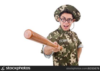 Soldier with baseball bat isolated on white