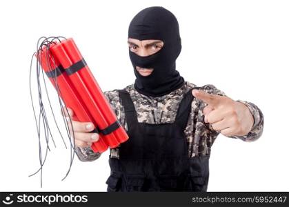 Soldier with dynamite isolated on white