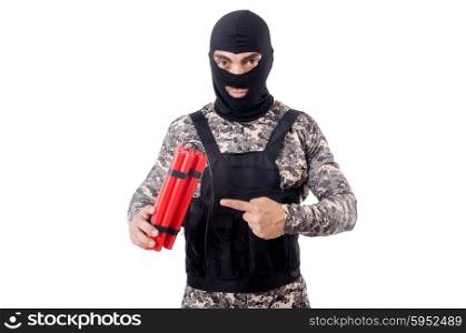 Soldier with dynamite isolated on white