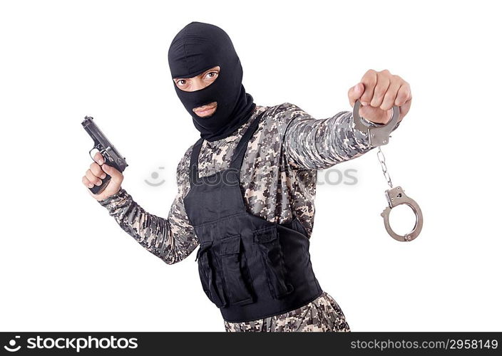 Soldier with handcuffs isolated on white