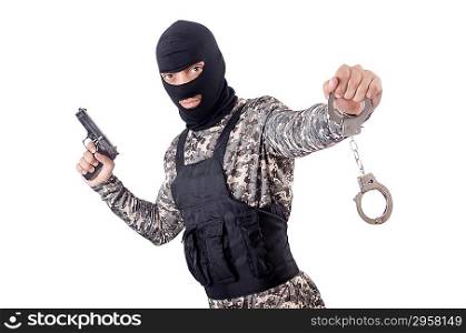 Soldier with handcuffs isolated on white