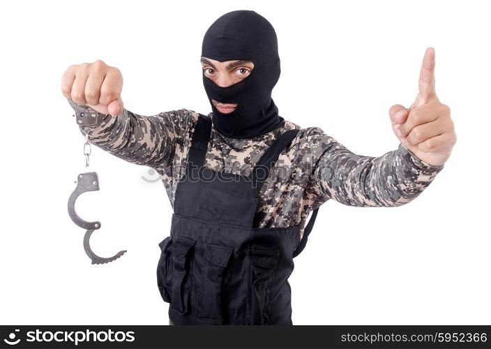 Soldier with handcuffs isolated on white