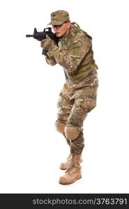 Soldier with rifle on a white background