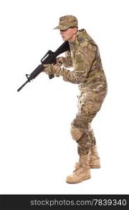 Soldier with rifle on a white background