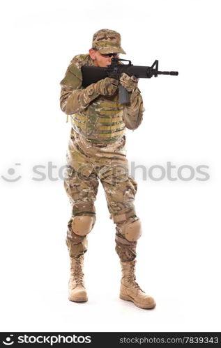 Soldier with rifle on a white background