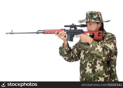 Soldier with weapons isolated on white