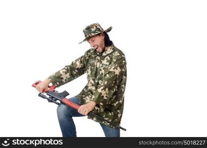 Soldier with weapons isolated on white