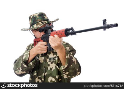 Soldier with weapons isolated on white