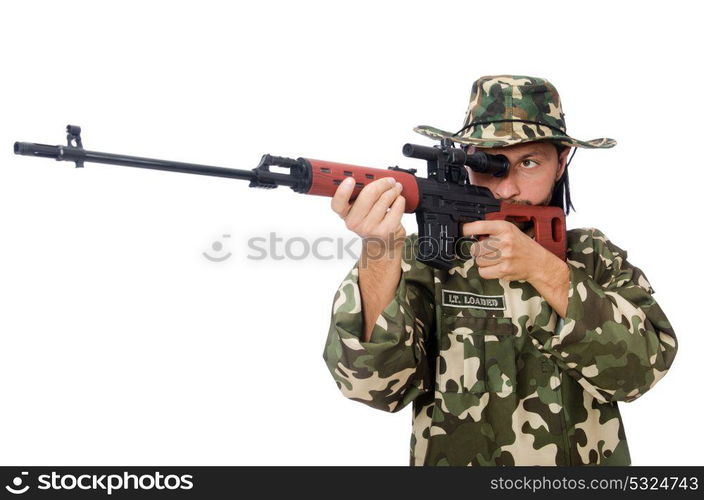 Soldier with weapons isolated on white