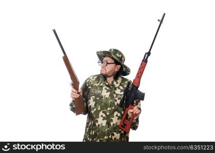 Soldier with weapons isolated on white