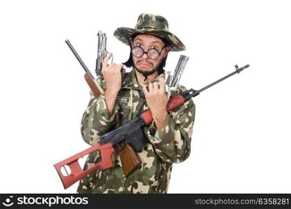 Soldier with weapons isolated on white