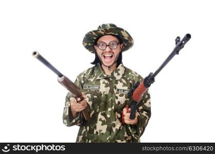 Soldier with weapons isolated on white. The soldier with weapons isolated on white