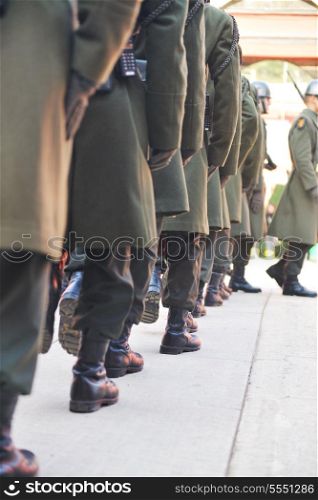 soldiers boot in row at dolmabahche guard army military service