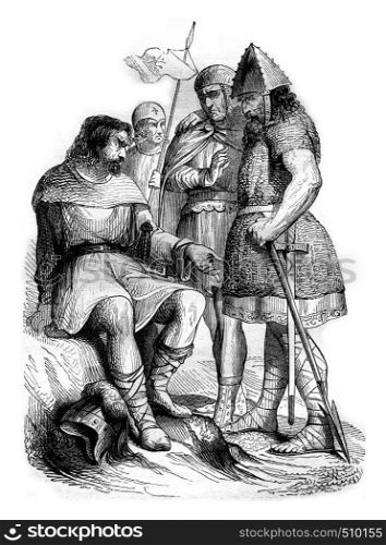 Soldiers under Charlemagne from Grass after, vintage engraved illustration. Magasin Pittoresque 1843.