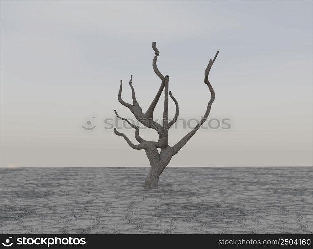 Solitary dead tree in desert, 3d rendering