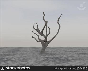 Solitary dead tree in desert, 3d rendering
