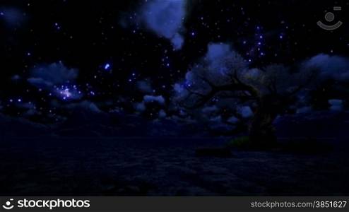 Solitary Tree and Mountain, Starry Sky with Falling Star, Time Lapse