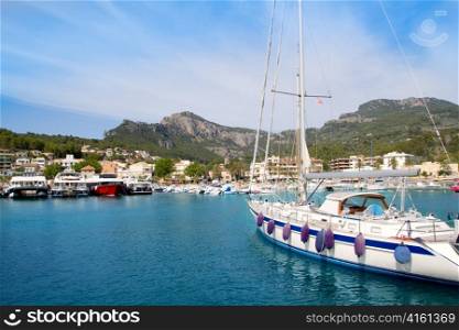 Soller port in Majorca island with tramontana mountain on background at Spain