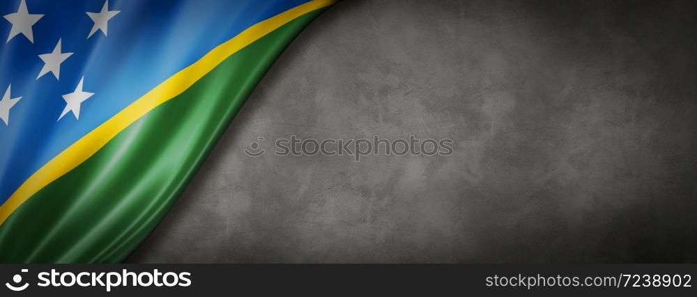 Solomon Islands flag on concrete wall. Horizontal panoramic banner. 3D illustration. Solomon Islands flag on concrete wall banner