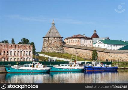 SOLOVKI, RUSSIA - JULY 21 2015, Pilgrim ships at berth in a bay near the Solovetsky Monastery