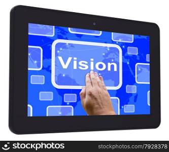 Solution Button Being Pressed Showing Success And Strategy. Vision Tablet Touch Screen Showing Concept Strategy Or Idea