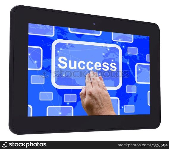 Solution Button Being Pressed Showing Success And Strategy. Success Tablet Showing Winning Succeed Triumph And Victories