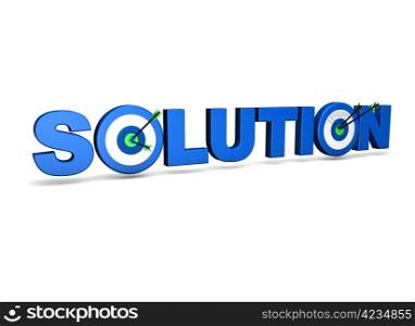 Solution concept with targets, arrows and blue sign on white background.