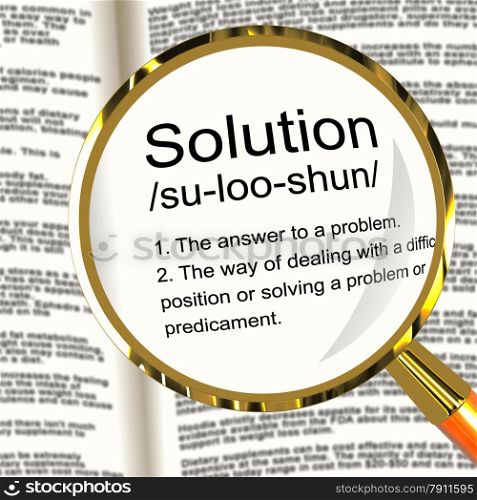 Solution Definition Magnifier Showing Achievement Vision And Success. Solution Definition Magnifier Shows Achievement Vision And Success