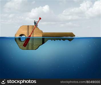 Solution management business concept as a leader businessman guiding and directing a giant key in the water as a metaphor for corporate guidance and direction strategy with 3D illustration elements.
