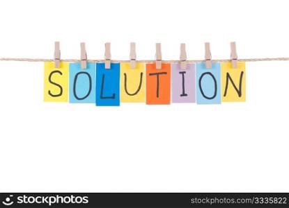 Solution, paper words card hang by wooden peg