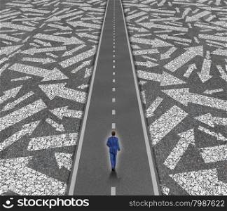 Solution path business concept as a businessman on a clear road cutting through confusing road arrows as a success direction metaphor for achievement and focus.