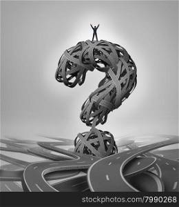 Solution road business concept as a businessman standing with arms raised in victory on a group of roads shaped as a question mark as a success metaphor.