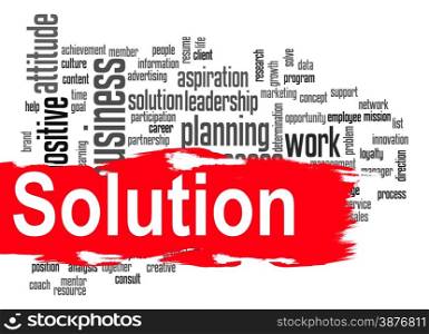 Solution word cloud image with hi-res rendered artwork that could be used for any graphic design.. Solution word cloud with red banner
