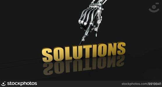 Solutions Industry with Robotic Hand Pointing on Black Background. Solutions Industry