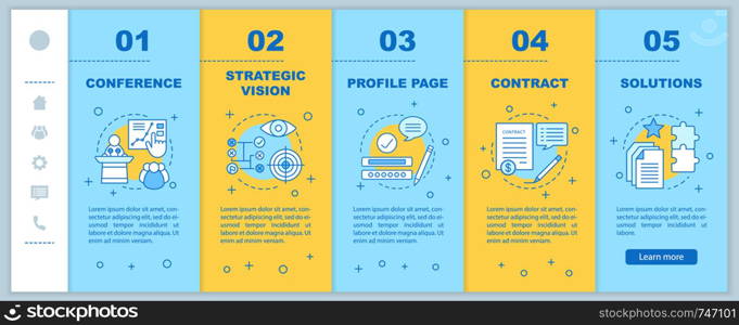 Solutions searching onboarding mobile web pages vector template. Business development. Conference, strategic vision, profile. Responsive smartphone website interface. Webpage walkthrough step screens. Solutions searching onboarding mobile web pages vector template