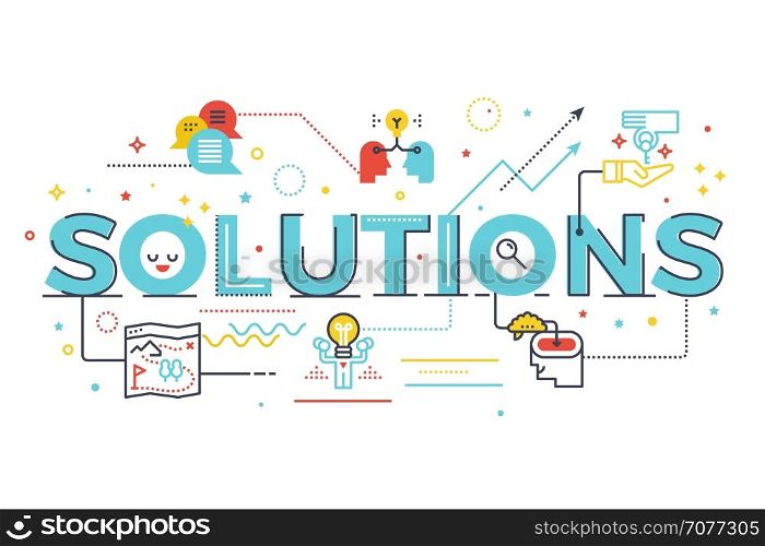 Solutions word lettering illustration. Design in modern style with related icons ornament concept for ui, ux, web, app banner design