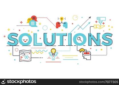 Solutions word lettering illustration. Design in modern style with related icons ornament concept for ui, ux, web, app banner design