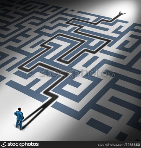 Solving Problems and problem solver business concept as the cast shadow of a businessman navigating through a complicated maze to freedom as a financial metaphor for predicting the future through leadership expertise and management skills.