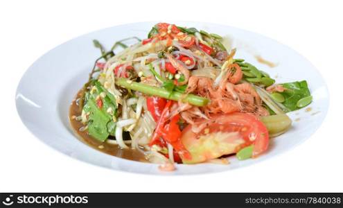 Som tam is favorite Thai spicy food on white background