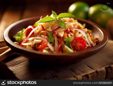 Som tam popular asian chili salad with papaya and lime in restaurant.AI Generative