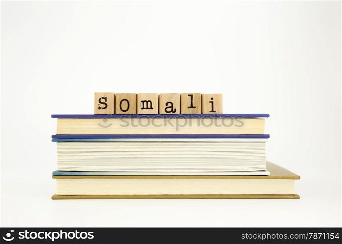 somali word on wood stamps stack on books, academic and language concept