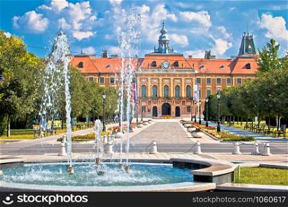 Sombor fountain square and city hall view, Vojvodina region of Croatia