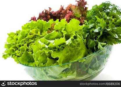 Some bunches of fresh salads in a glass bowl