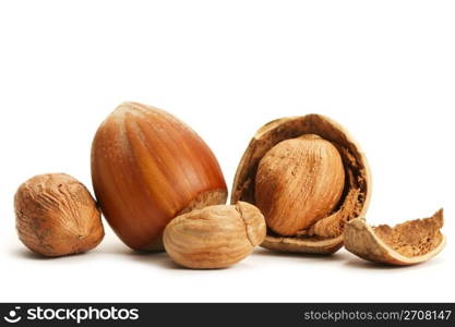 some closed and cracked hazelnuts. some closed and cracked hazelnuts on white background