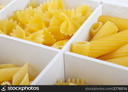 Some different kinds of Italian pasta in a white box