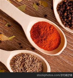 Some dried spices on spoons in the wooden background